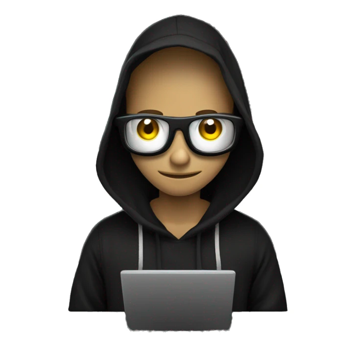 Hacker mexendo com o computador com capuz preto e olhos brancos no fundo preto sticker