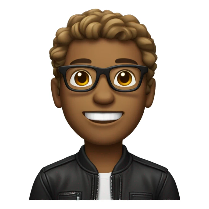 programmer, with light brown skin, square glasses, wavy hair, wearing a black leather jacket and smiling (show teeth.) sticker