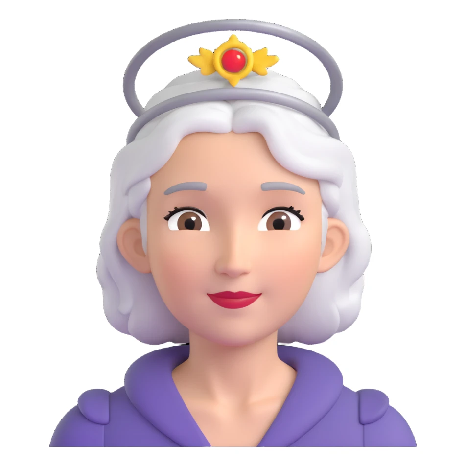 grey-haired woman with a halo sticker