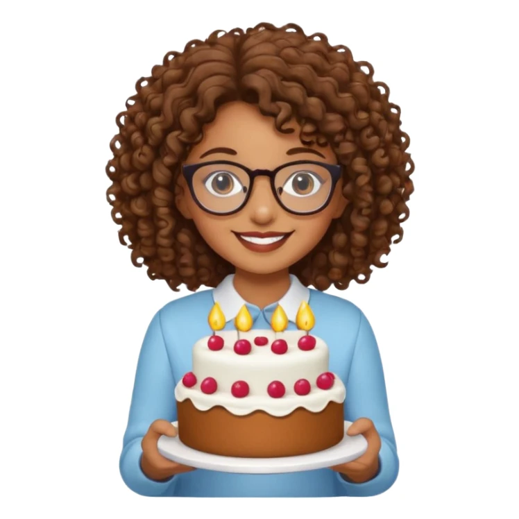 Brown Curly haired girl wearing glasses with a cake sticker
