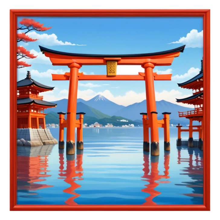 ​Cinematic Realistic Itsukushima Shrine, depicted as the iconic floating torii gate and shrine complex on the water, with vibrant vermilion hues contrasting against the serene blue sea and sky, rendered with intricate architectural details and soft, ethereal lighting that captures its spiritual beauty, sticker