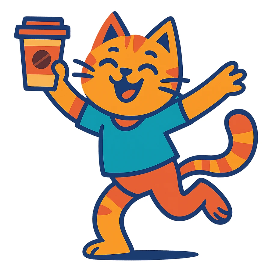 expressive illustration of a dancing cat holding a coffee, vivid colors sticker