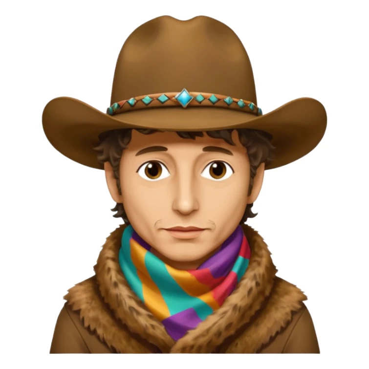realistic cinematic Bob Dylan profile portrait with dirty cowboy hat on head and colorful silk scarf around neck, fur coat - Desire album cover sticker