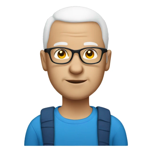 A white swedish bald man with glasses and a blue tshirt sticker