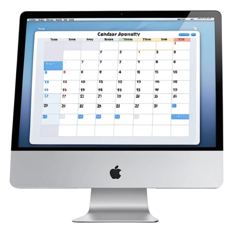 front-facing iMac displaying a day view calendar with time slots and several booked appointments sticker