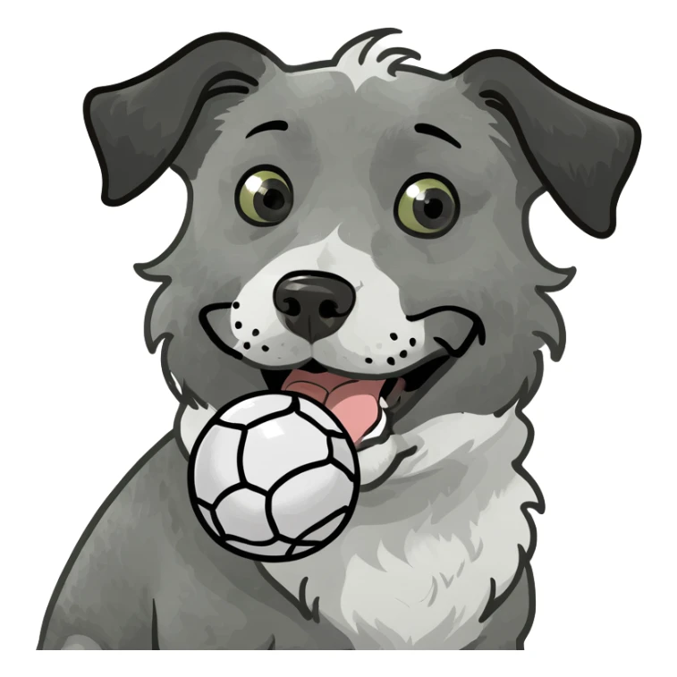 Grey white and black curly fur dog with ball in mouth sticker