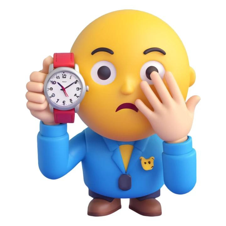 A yellow emoji face with a worried expression, looking at a wristwatch with raised eyebrows, showing urgency and stress sticker