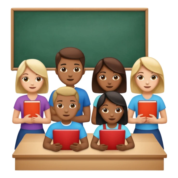 five diverse people with laptops and books in a classroom sticker