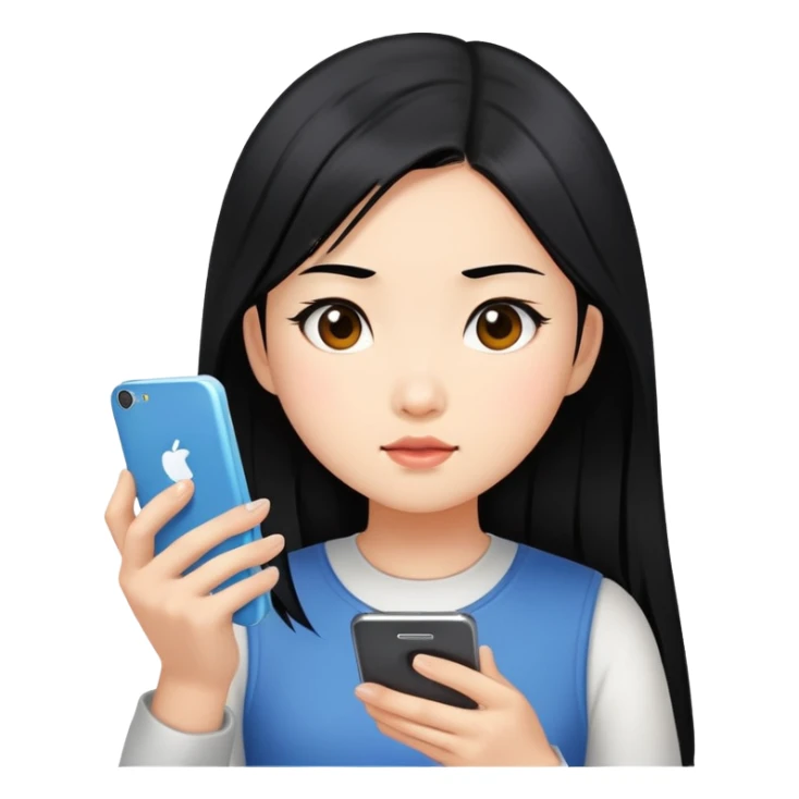  A chinese girl looking at her charging phone sticker