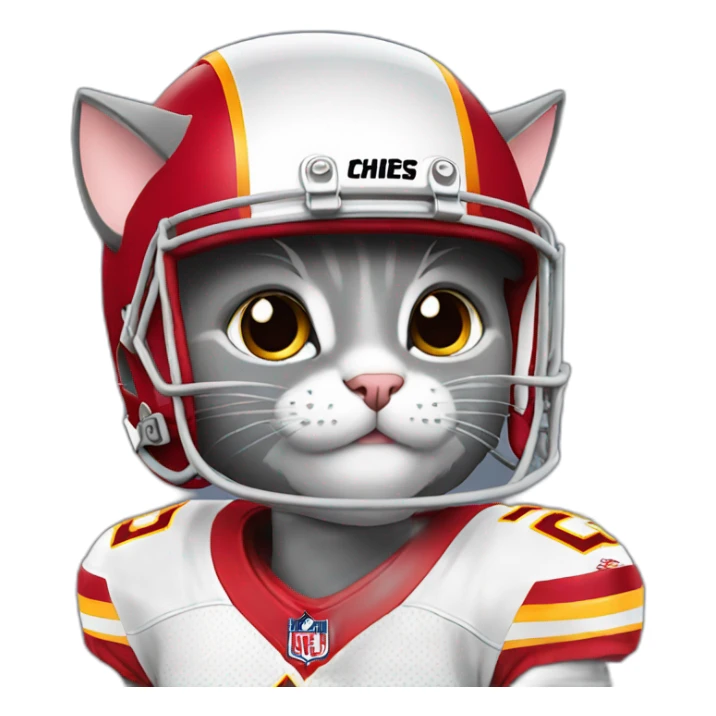 cute grey cat wearing a Kansas City Chiefs helmet sticker