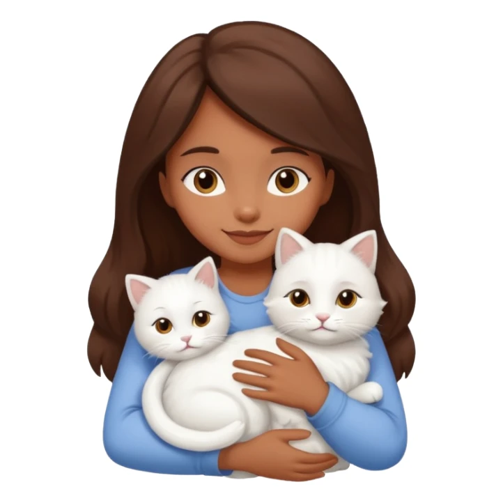 A brown skinned brunette girl hugging a white cat sticker