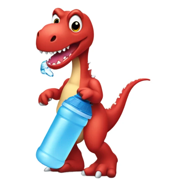 A red trex with a water bottle, wearing a black bow sticker