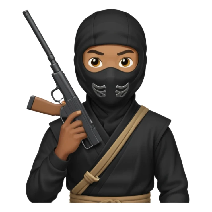 A black male in a ninja mask with a gun sticker