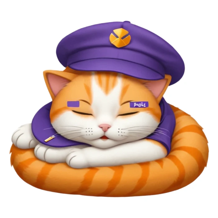 emoji of sleeping cat, its pose is lying, it has on his head FedEx uniform cap sticker