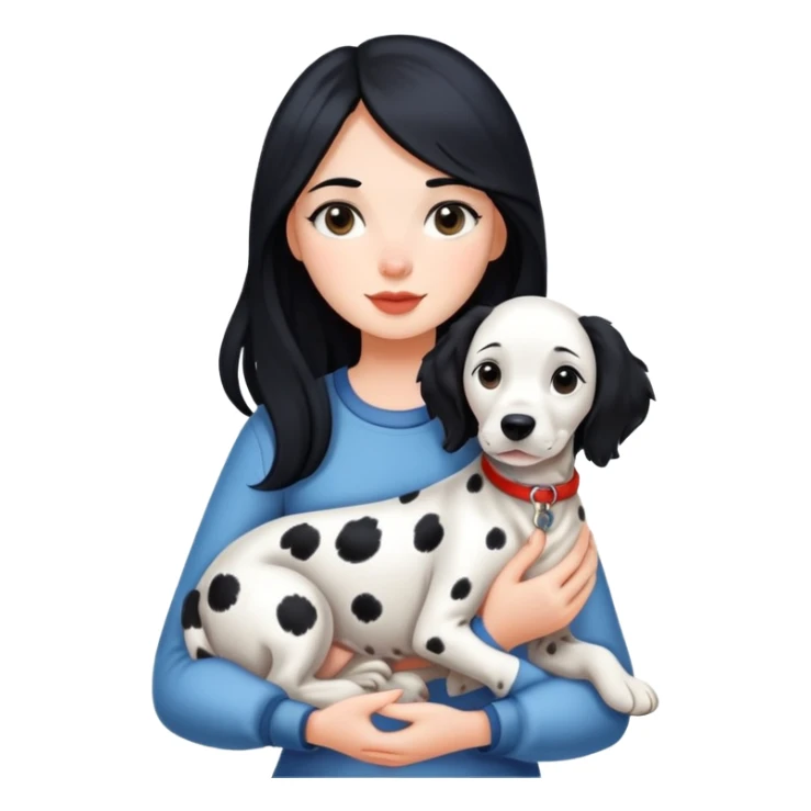 A girl with long black hair is holding a Dalmatian sticker