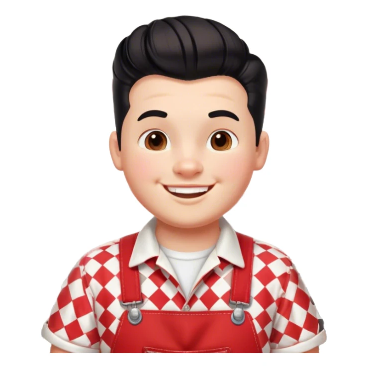 A cheerful, chubby boy with a retro 1950s diner aesthetic, wearing red-and-white checkered overalls and a white t-shirt. He has a playful, confident smile and a classic black pompadour hairstyle sticker
