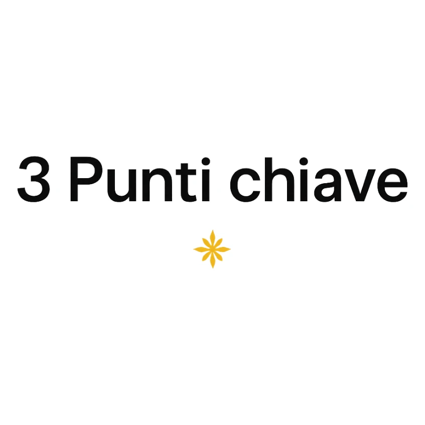text '3 Punti chiave' in clean sans-serif font, balanced layout, black on white background, small golden decorative symbol, professional look for slide or report sticker