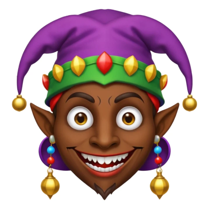 Dark brown skin medieval jester with white pupils and fangs sticker
