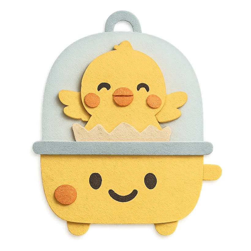 chibi egg cooker with a chick popping out, bright smile, soft yellow palette, full-body sticker