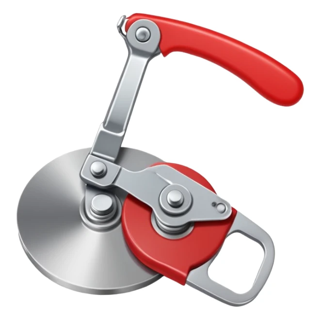 kitchen can opener tool with red handle and metal cutting wheel sticker