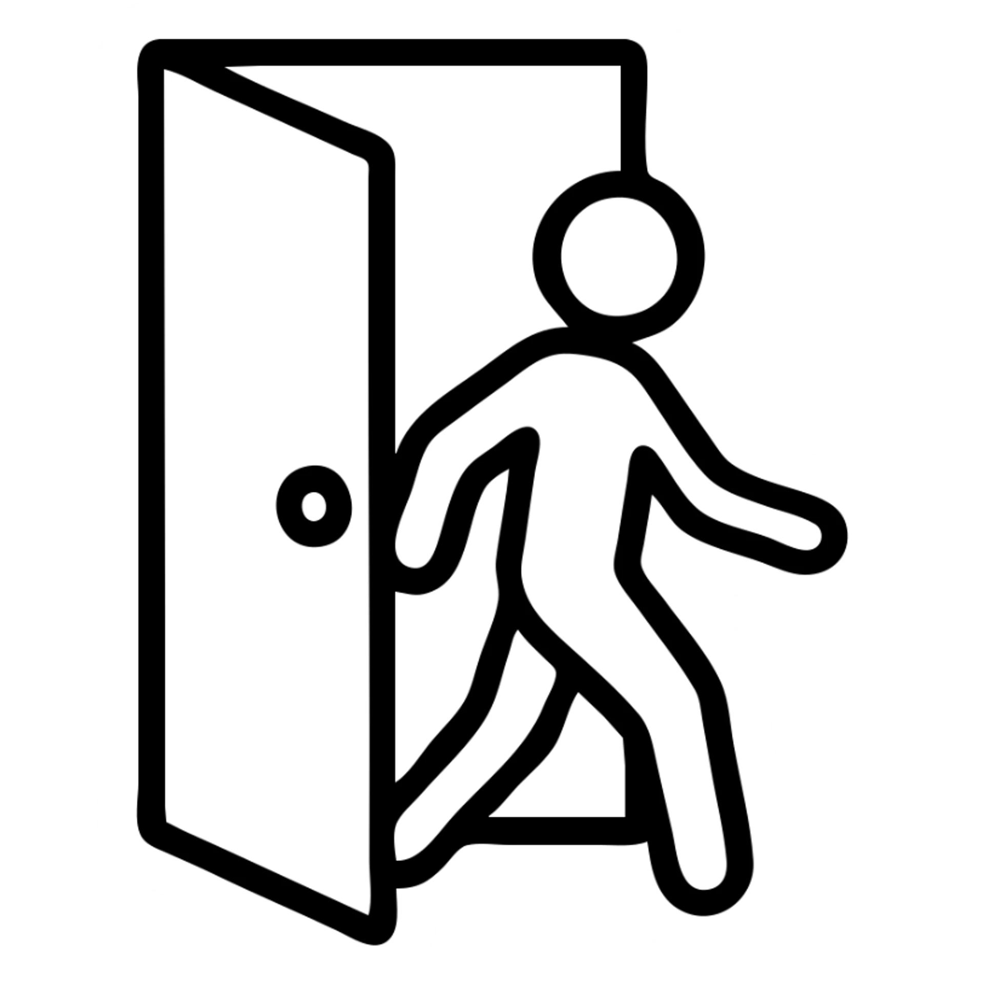 minimalistic icon of a white human figure walking through an open outlined door, viewed from the front, door with visible doorknob, solid green background, flat simple clean lines, high contrast sticker
