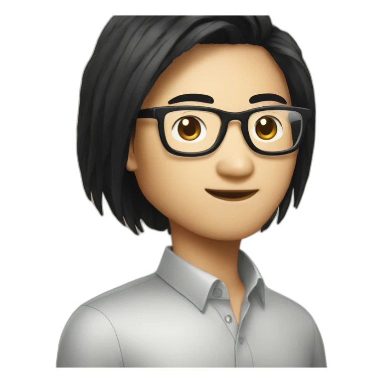 Asian 20 years old software engineer with glasses and Tim Cook black hair sticker