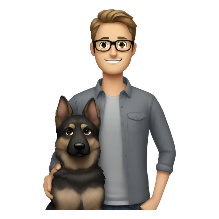 a handsome guy with brown hair, black thin stylish glasses and grey eyes hugging he grey german shepherd sticker