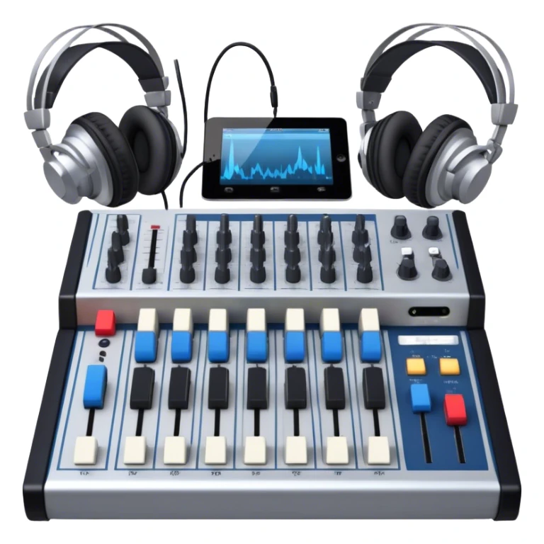 Create a professional and technical emoji that represents sound engineering. The design should feature a sound mixing console with faders, a pair of studio headphones, and audio waveforms to symbolize the precision and technicality of sound mixing and mastering. Include elements like a microphone or audio cables to reflect the recording aspect. Use colors like silver, black, and dark blue to represent the technical, yet artistic side of sound engineering. The background should be transparent. sticker