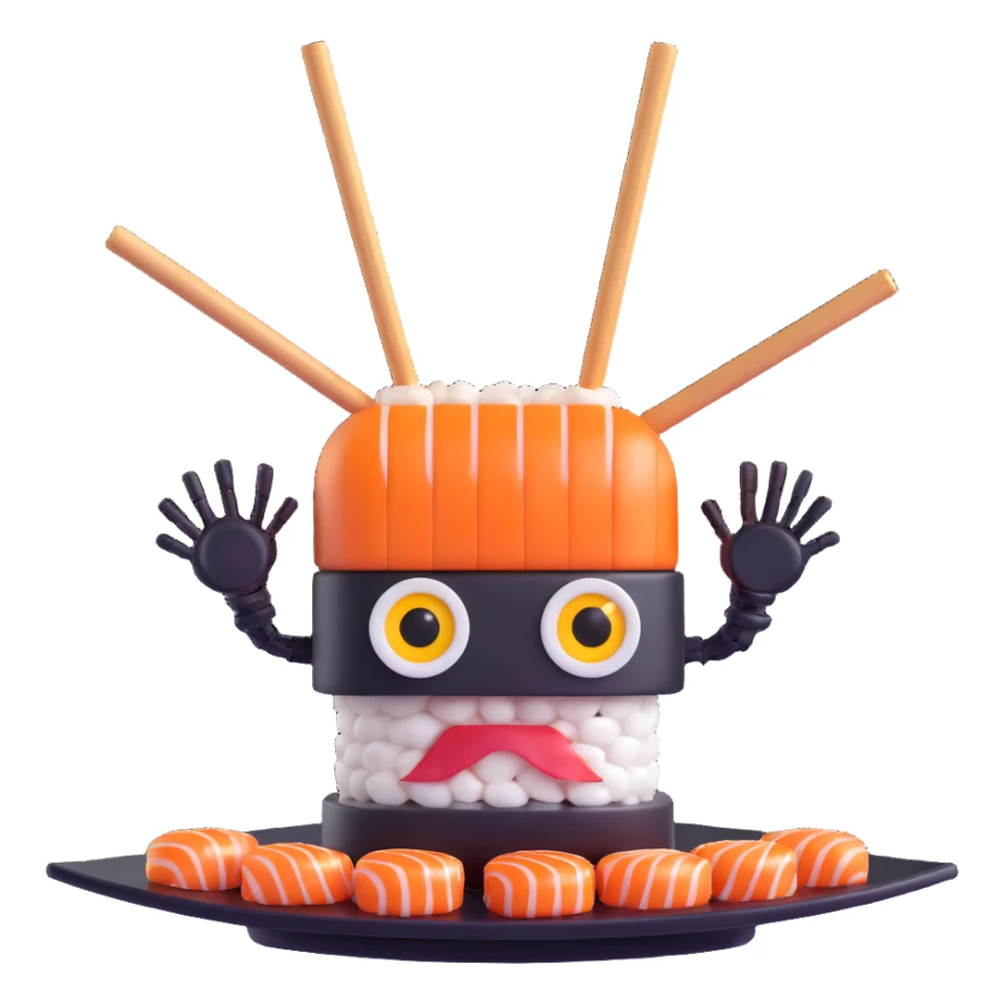 a robot shaped like a sushi roll, with LED eyes, tentacle sticks and soy sauce dripping like wires sticker