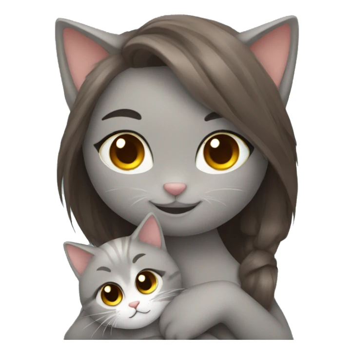 Fluffy grey cat hugging brown hair girl sticker