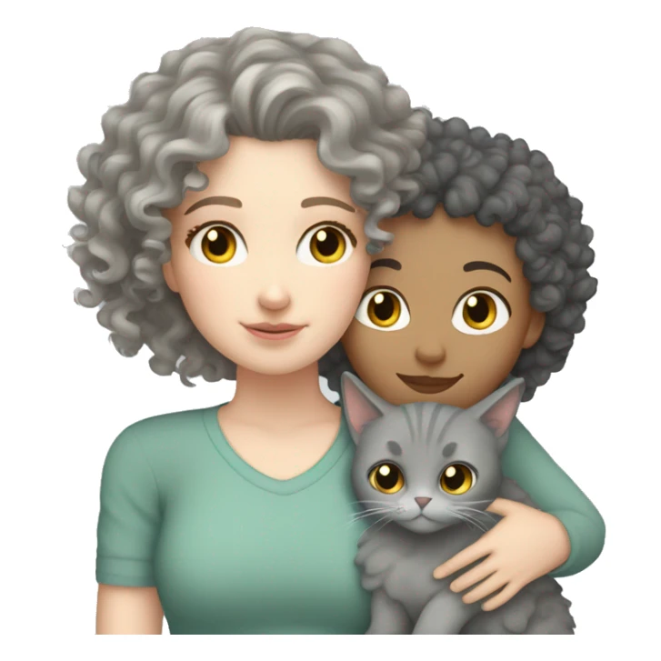 White Girl curly hair cuddling with grey cat sticker