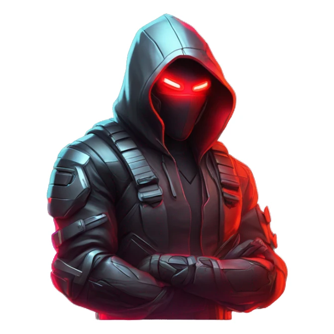 developer behind his laptop with this style : crysis Cyberpunk Riot Games Valorant neon glowing bright red character red dark black hooded assassin themed character sticker