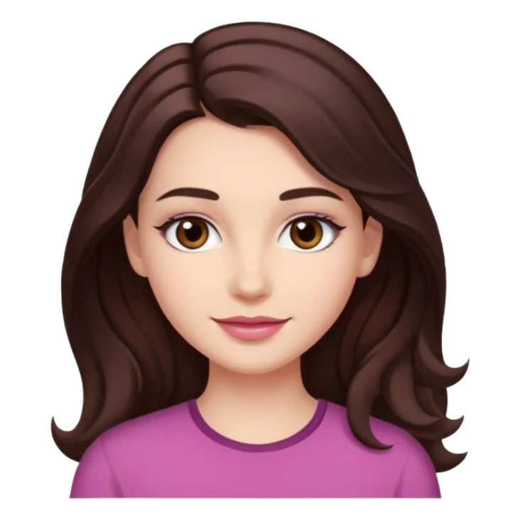 Tom de pele: clara com fundo rosado
Cabelos: longos, castanho escuro, levemente ondulados
Sobrancelhas: bem definidas e cheias
Olhos: castanhos claros (podem ser destacados com brilho)
Traços marcantes: lábios cheios e sorriso suave sticker