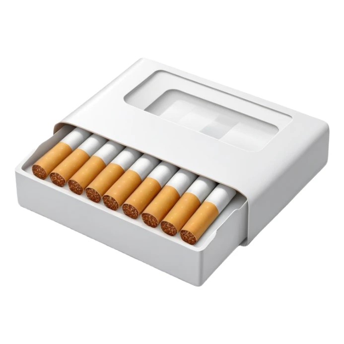 An open cigarette pack with visible cigarettes inside, designed in the style of an Apple iOS emoji. The pack should be clean and minimalistic, with soft gradients, no outlines, and a realistic but friendly look. The cigarettes inside should be neatly arranged and slightly detailed, with white filters and brown tips. The overall illustration should have a soft 3D appearance with gentle shadows and subtle texture. Transparent background. High resolution. PNG format. sticker