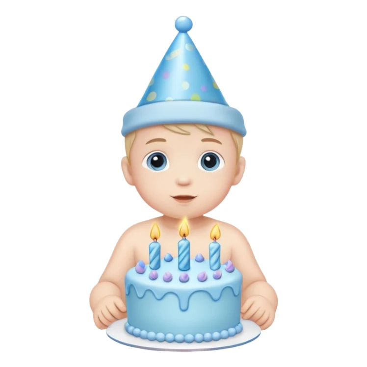 cute baby boy with pastel blue birthday hat and blue cake sticker