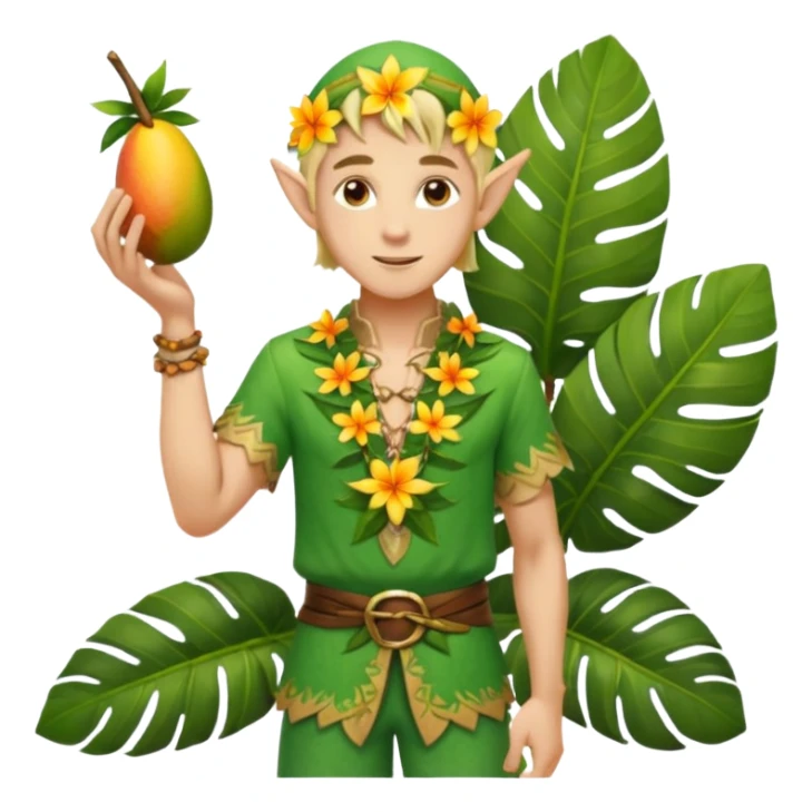 male elf in open palm-leaf shirt, offering mango. Flower necklace, sandals sticker