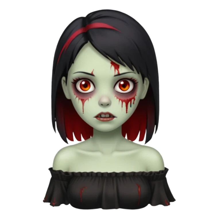 Garota zumbi com cabelo liso e mechas vermelhas na lateral da cabeça dos dois lados, usando uma blusa com manga caida preta sticker