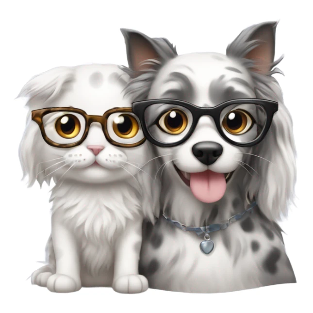long-haired dilute calico cat wearing glasses sitting with a fluffy dalmatian wearing glasses sticker