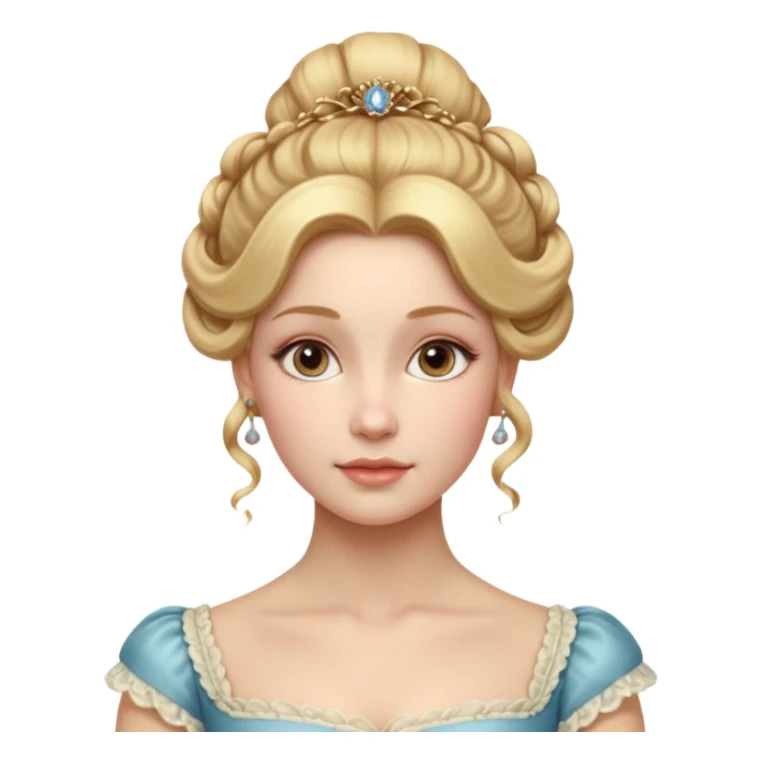 Cinematic Realistic Rococo Portrait, depicted with lifelike skin texture, subtle rosy undertones, and soft natural lighting that enhances the gentle contours of her face. Her intricately detailed golden blonde hair is elegantly styled in an updo, sticker