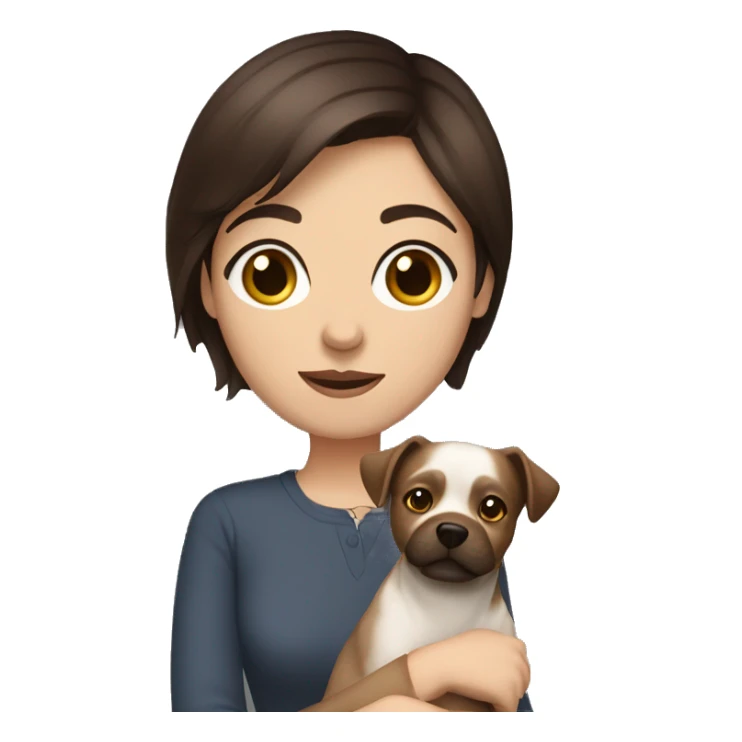 short brunette haired woman with dark brown eyes holding a dog sticker