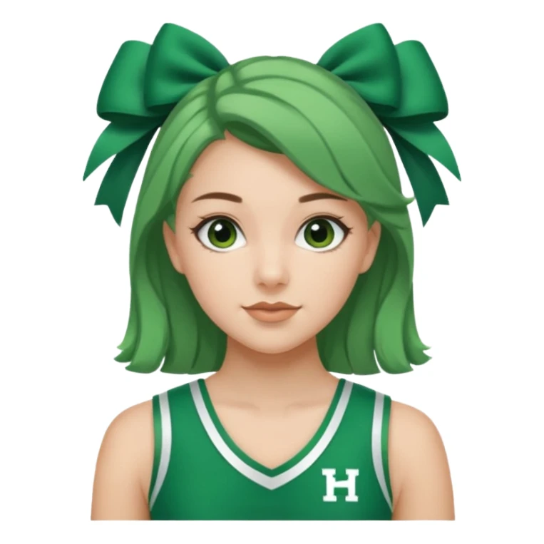Sydney Taylor with green Hawkins Cheerleader no sleeve uniform, green bow on her hair sticker