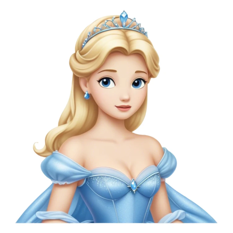 Cinematic Realistic Cinderella Portrait, showcasing her regal elegance in a full ball gown rendered with exquisite detail. Her fair, luminous skin and lustrous blonde hair are highlighted by subtle, shimmering accents and gentle natural light, evoking a magical, transformative aura. sticker
