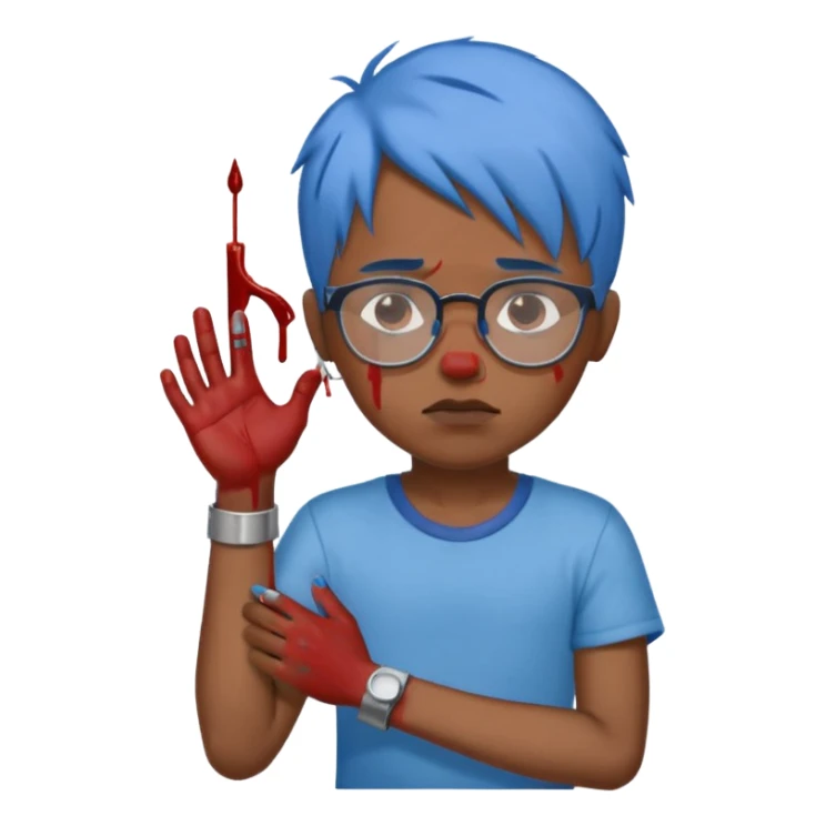 draw a black boy with glasses and blue hair cutting his wrist while bleeding not crying blood and with a neutral peaceful expression on his face sticker