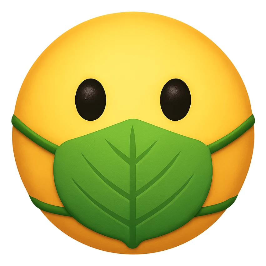 yellow face with green leaf mask emoji, digital illustration sticker