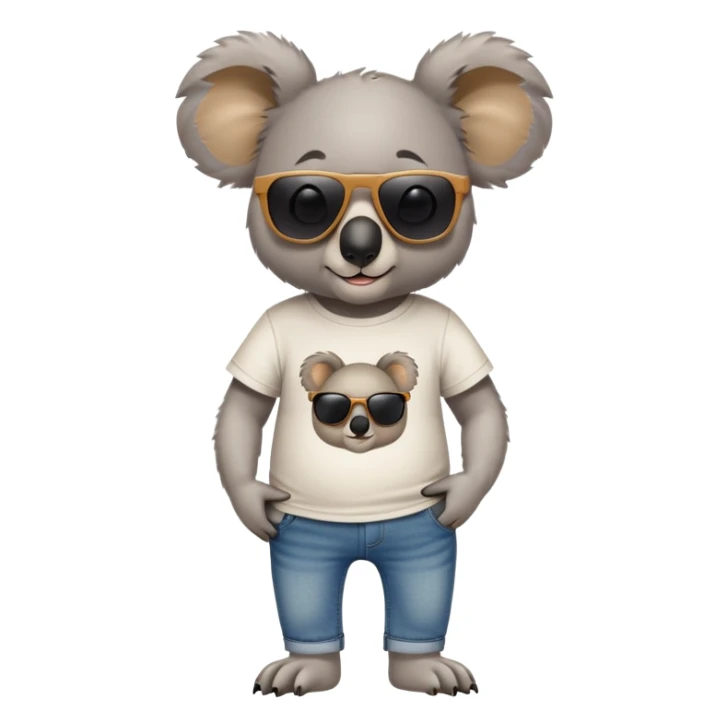 anthropomorphised koala in a 'Go' t-shirt and jeans with dark sunglasses walking upright, relaxed pose sticker