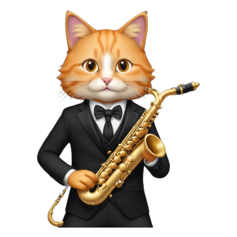 orange cat play gold saxophone, wear black suit sticker