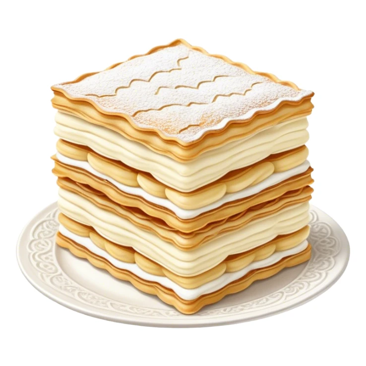 Cinematic delicate mille-feuille, thin crispy pastry layers filled with smooth vanilla cream, dusted with powdered sugar, elegant presentation, highly detailed and sophisticated. sticker