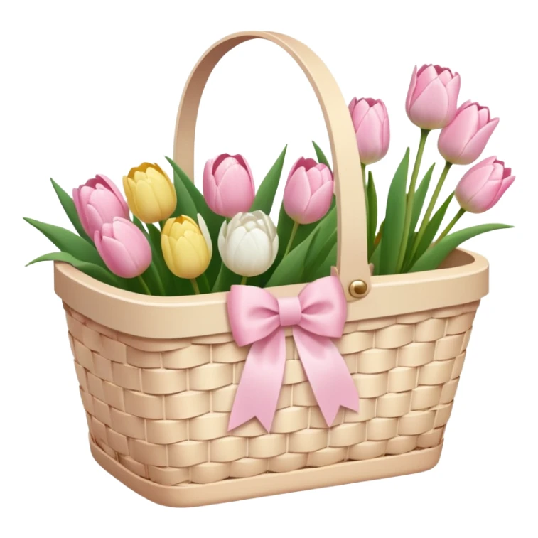 A white Picnic basket with light pink bow, white peonie, tulips sticker