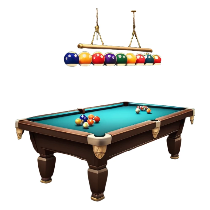 A well-arranged pool table with colorful billiard balls neatly placed, and a cue stick poised to take a shot. The setting is a dimly lit room with a focused atmosphere, highlighting the precision and strategy involved in the game of billiards. sticker