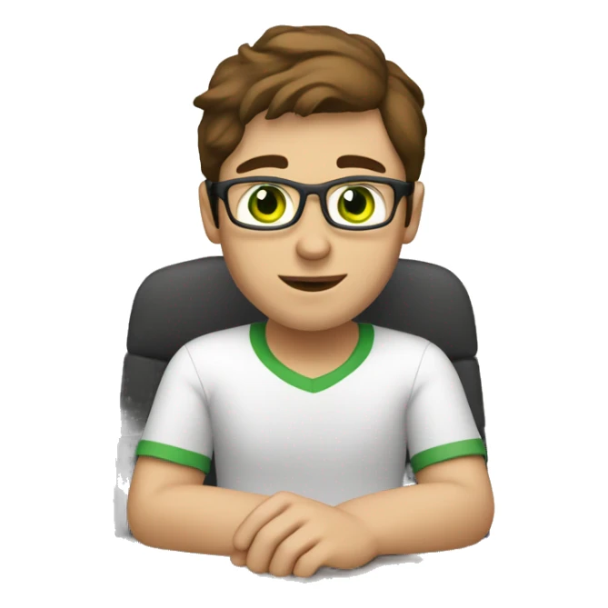 white software engineer, with brown hair, brown and green eyes, programming on a computer sticker